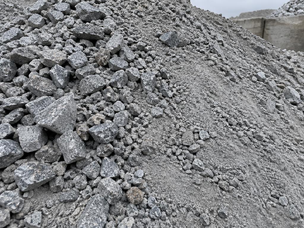Crusher run granite containing angular stone, smaller chips, and stone dust
