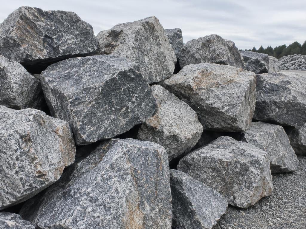 Large angular granite rip rap armor stone